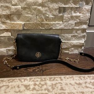 Tory Burch black leather cross-body w/gold hardware